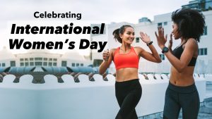 International Women's Day graphic showing women running together