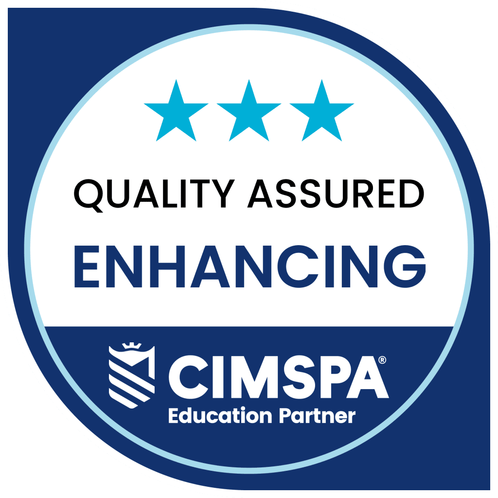 CIMSPA Education Partner badge featuring a circular design with the text "Quality Assured Enhancing" and three blue stars.