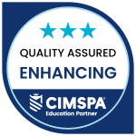 CIMSPA Education Partner badge featuring a circular design with the text "Quality Assured Enhancing" and three blue stars.