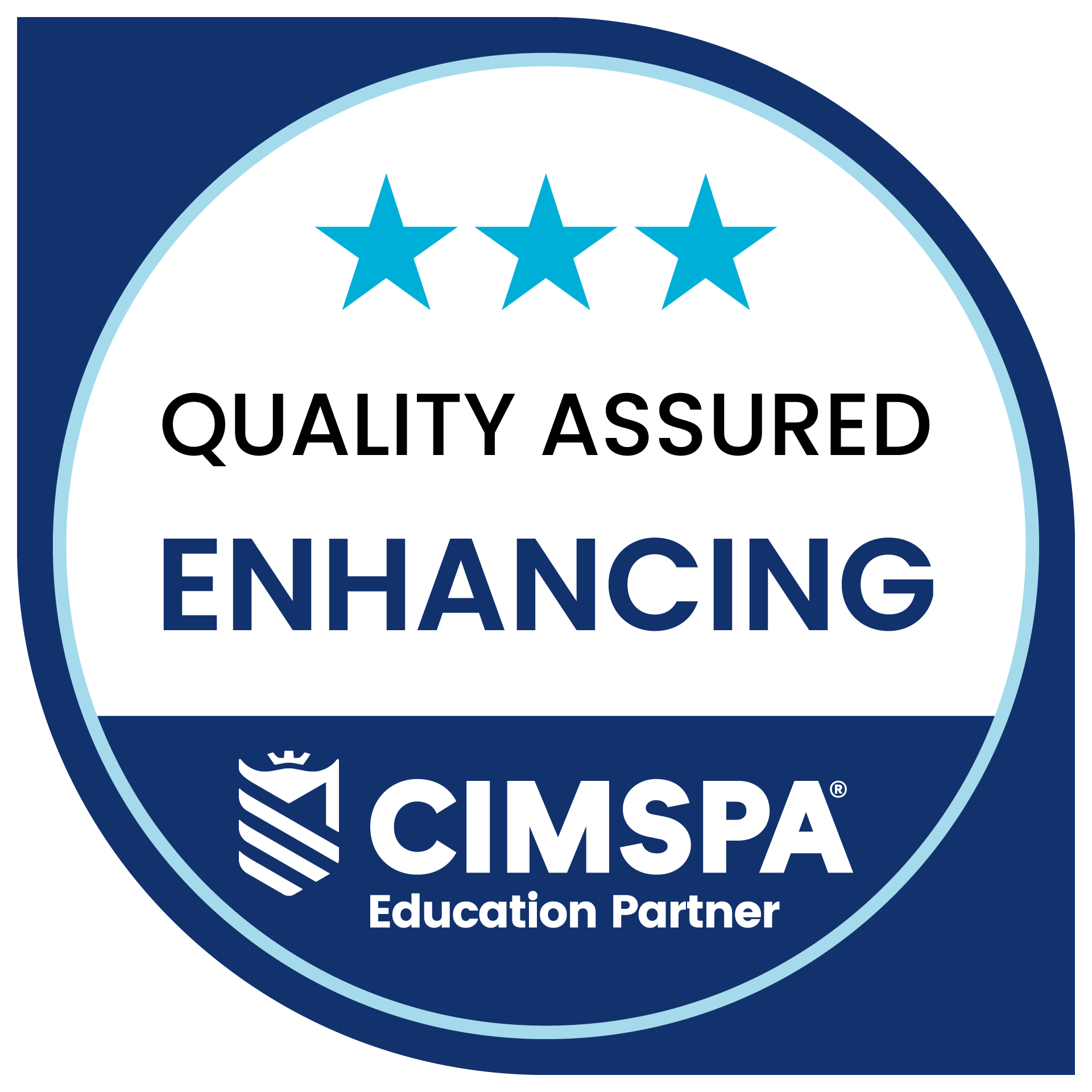 CIMSPA Education Partner badge featuring a circular design with the text "Quality Assured Enhancing" and three blue stars.