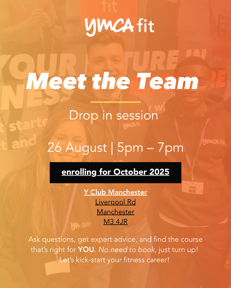 Promotional flyer for YMCA Fit's drop-in session on August 29, featuring details about enrolling for October 2025 at Y Club Manchester.