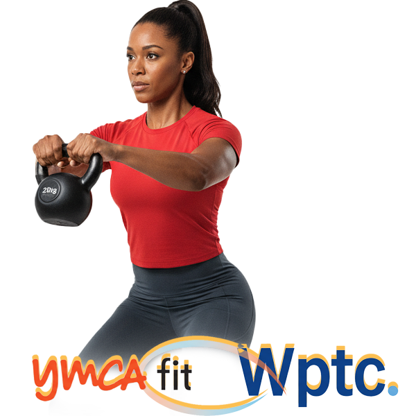 A person in a red shirt and black leggings lifts a kettlebell, showcasing strength against a bright yellow background marked with YMCA and Wptc logos.