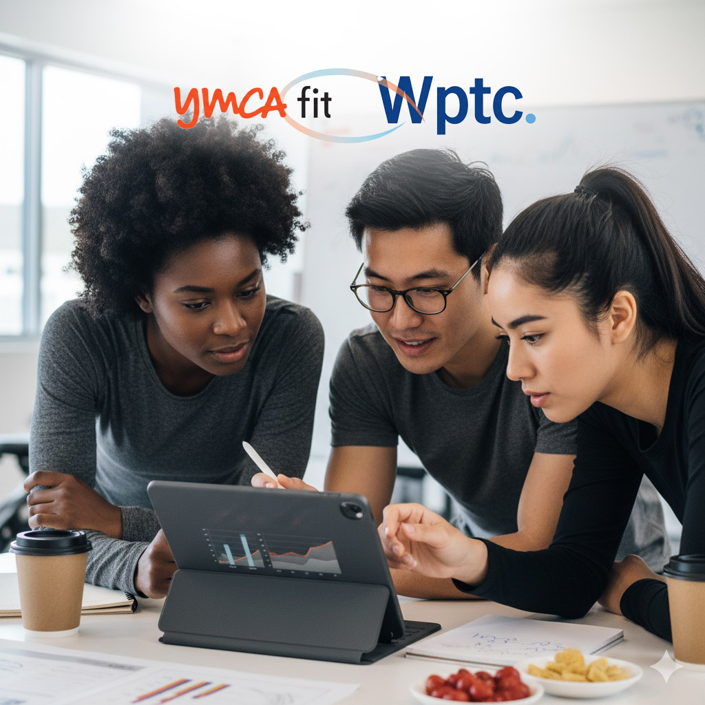 Three individuals collaborate over a tablet in a bright, modern workspace, with coffee and snacks on the table. YMCA Fit and WPTC logos above.