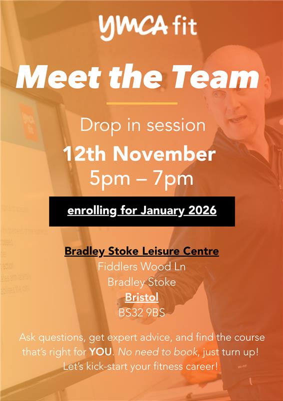 Promotional poster for YMCA Fit event on November 12th, 5-7 PM, in Leicester, encouraging attendees to meet the team and enroll for January 2026.